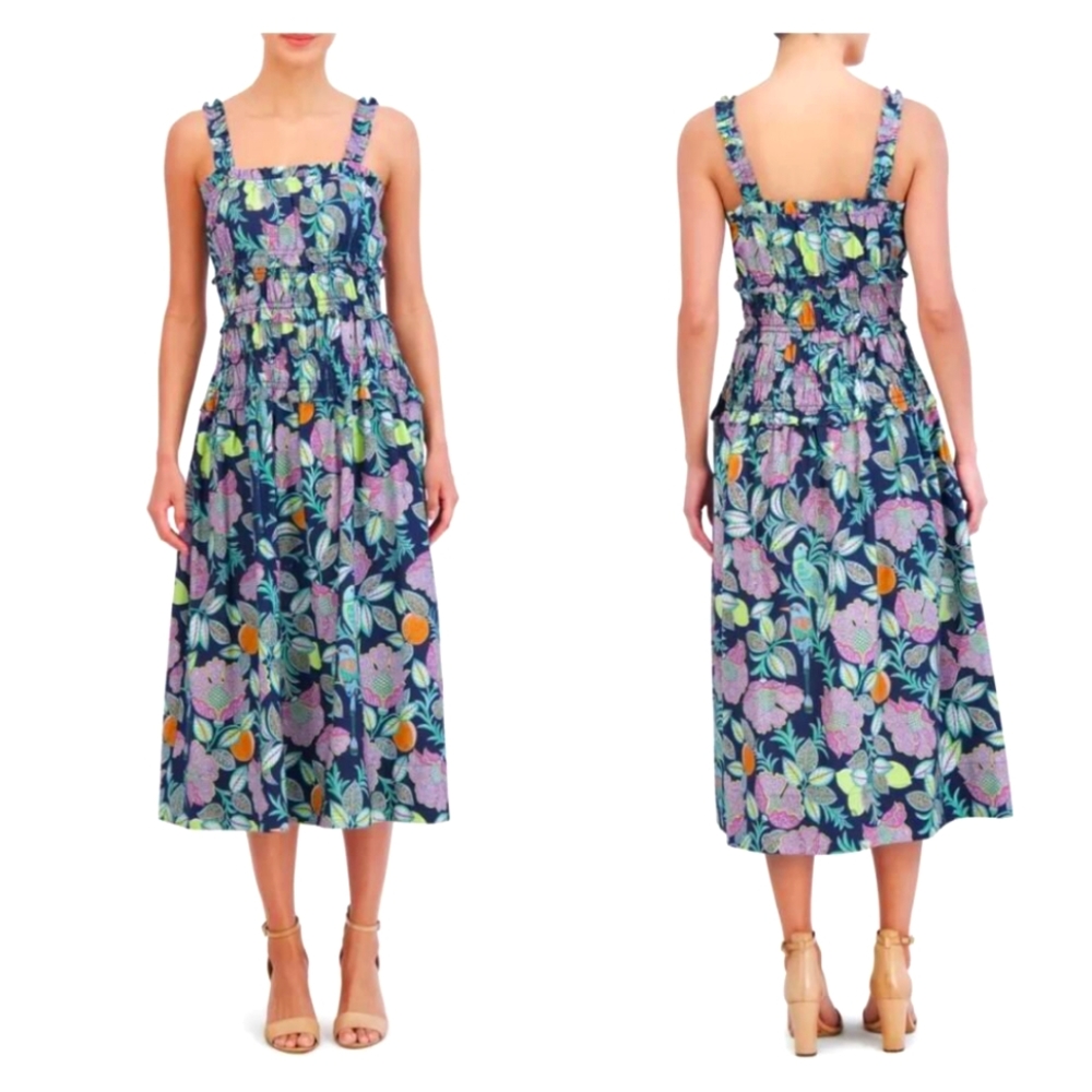 Eliza J Blue Floral Smocked Midi Sun Dress Sz.14 NWT